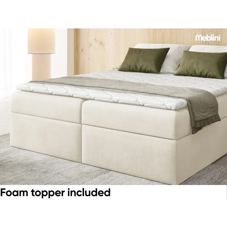 MEBLINI Boxspringbett mit Bettkasten - 120x200 - Gepolstert Doppelbett mit Matratze und Topper - Polsterbett mit Stauraum - Bett ohne Kopfteil - Stauraumbett - BASIL - H3/Creme Plüsch – Bild 4