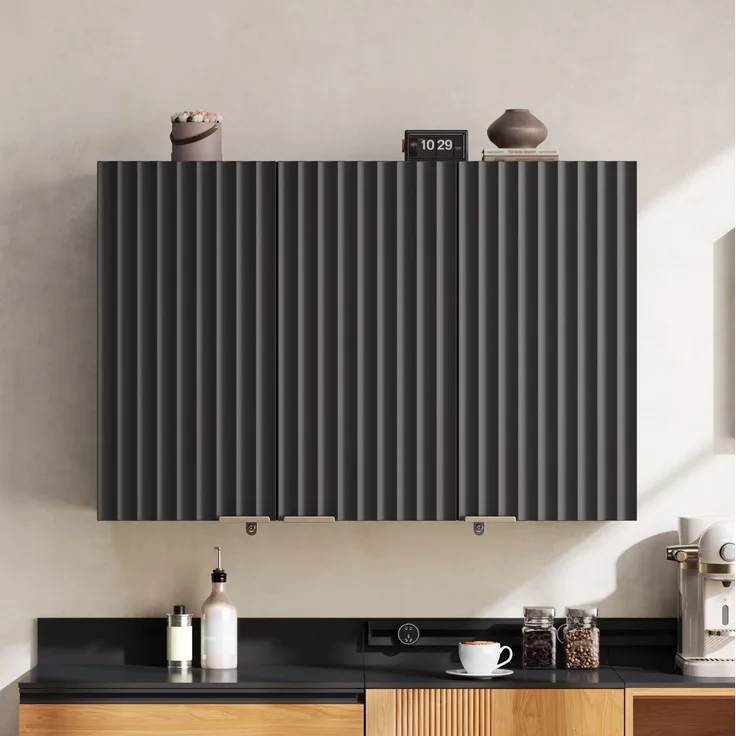 Küchen-Wandschrank 90 x 29 x 60 cm in Schwarz mit 3 Türen und strukturierten Fronten