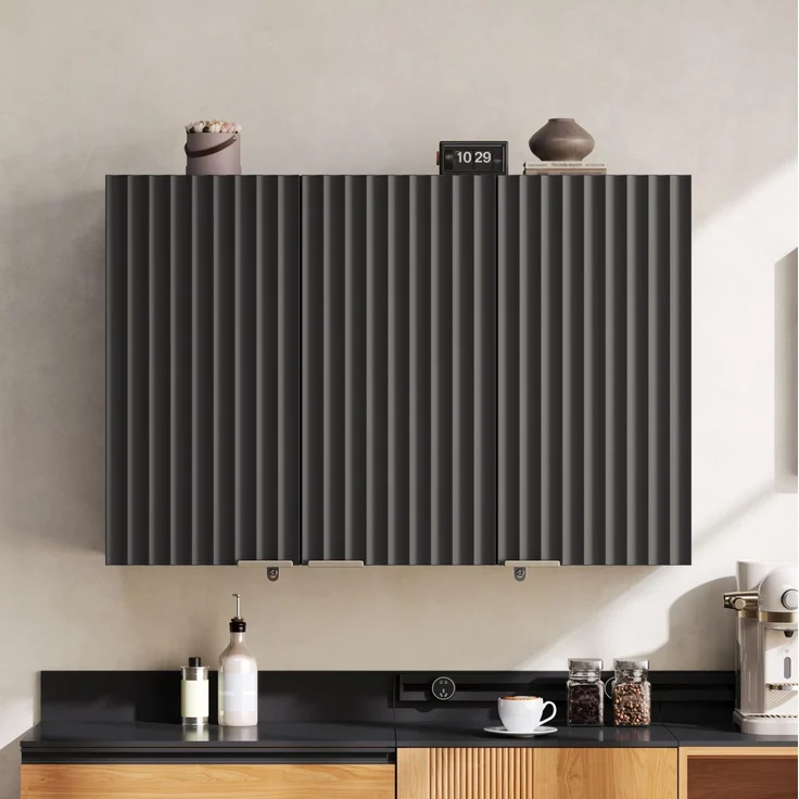 Küchen-Wandschrank 90 x 29 x 60 cm in Schwarz mit 3 Türen und strukturierten Fronten – Bild 1