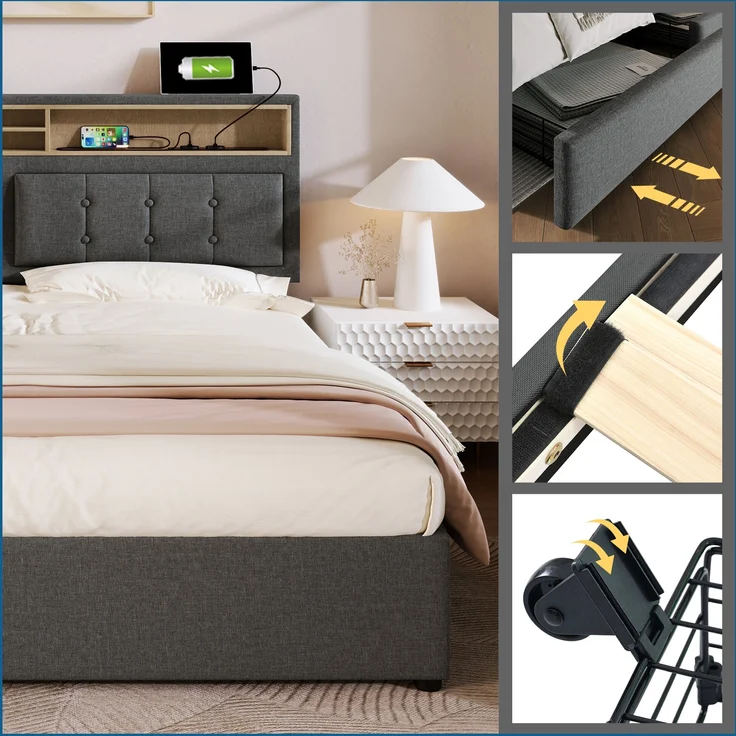 Doppelbett mit 4 Schubladen, höhenverstellbarem Kopfteil & USB-C Ladestation, Leinen, 160x200 cm, Grau, mit Matratze – Bild 6