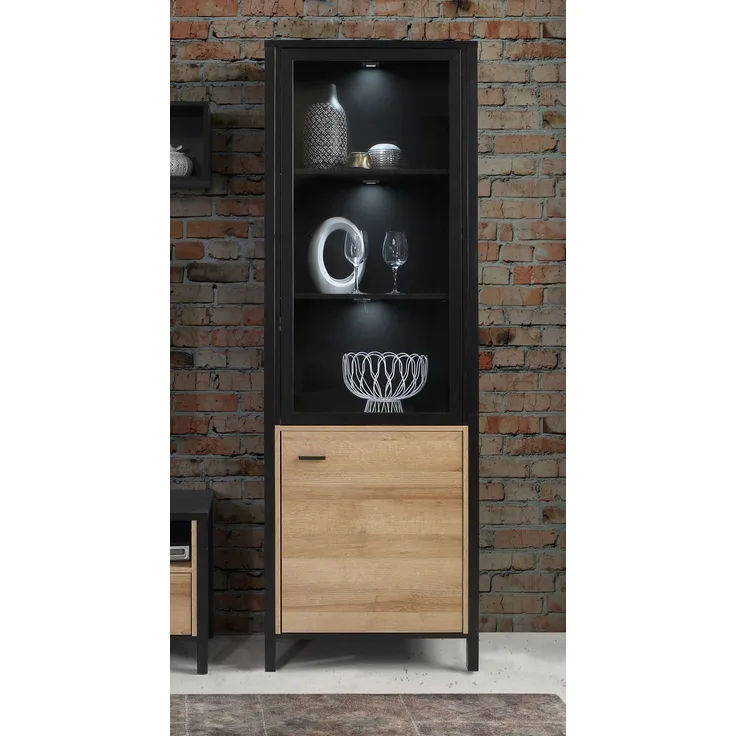 FORTE High Rock Vitrine, Holzwerkstoff, Schwarz/Braun, 64,8 x 193,9 x 40,2 cm