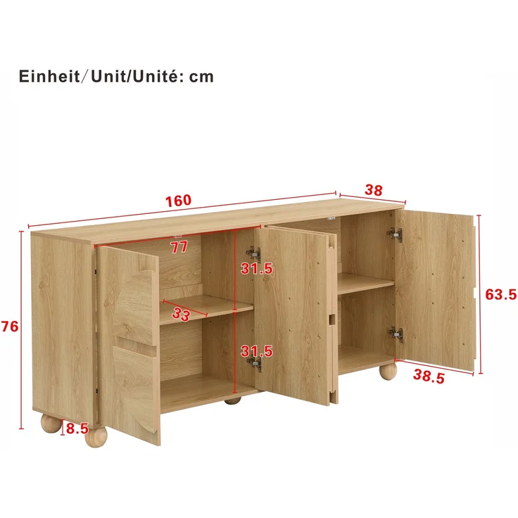 DESVIAE Sideboard Natur aus MDF/Kiefernholz – 160x76x38 cm – 4 Türen, verstellbare Einlegeböden – Bild 10