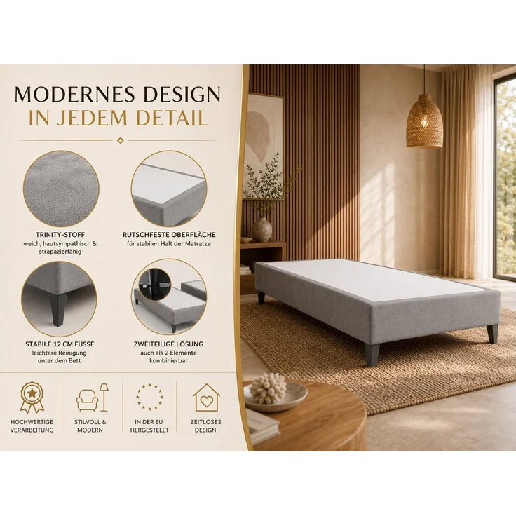 Best for Home Boxspringbett Boxspringbettgestell aus Massivholz in verschiedenen Größen (Bettgestell / Seniorenbett / Jugendbett / Kinderbett, Bettgestell ohne Matratze, optional mit Kopfteil), Massivholzrahmen, Trinity-Stoffbezug, wasserdicht, abriebfest – Bild 3