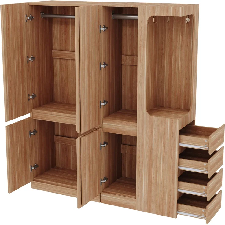 CHICFURN Kleiderschrank aus Holz, Naturholz, 140x170x40 cm, mit 4 Schubladen und offenem Hängebereich – Bild 5