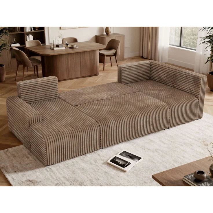 U-förmiges Sofa NESSARO COR U mit Schlaffunktion und Bettkasten, Freistehende Wohnlandschaft, DL-System, Bonellfederkern - Braun Cord - Rechts Seite – Bild 5
