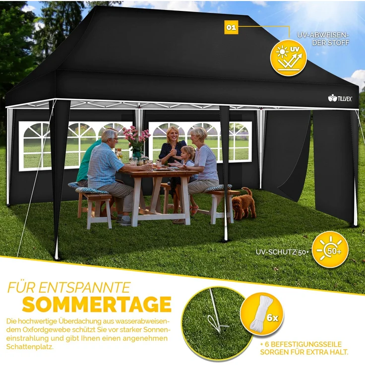 tillvex Pavillon 3x6m - mit 3 Seitenwänden Schwarz wasserdicht | Pop-Up Faltpavillon höhenverstellbar | Gartenzelt UV Schutz 50+ | Partyzelt mit Tasche für Garten – Bild 7