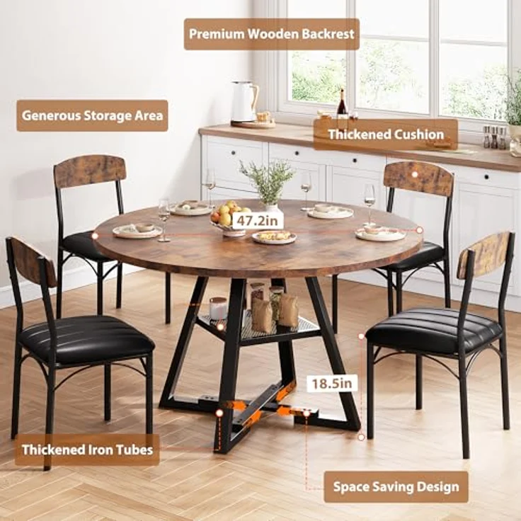 Jocoevol Runder Esstisch und 4 Esszimmerstühle Set, Essgruppe 5-Teilig, Esszimmertisch mit Ablage und 4 stühle, platzsparender Küchentisch aus Holz im Industrial Design (Vintage Braun, 120 x 120 x 76 cm) – Bild 4