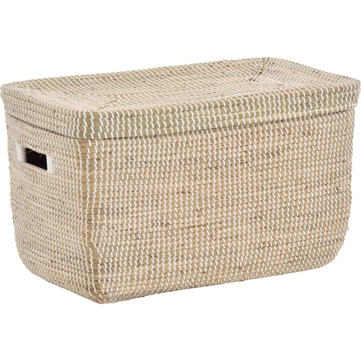 Krines Home Aufbewahrungskorb Handgearbeiteter Seegras Dekokorb mit Deckel Aufbewahrung Flechtkorb, Truhe Natur mit weißen Wicklungen Rund Box (Hell Natur, Truhe) – Bild 1