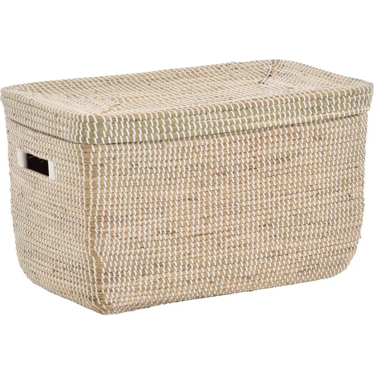 Krines Home Aufbewahrungskorb Handgearbeiteter Seegras Dekokorb mit Deckel Aufbewahrung Flechtkorb, Truhe Natur mit weißen Wicklungen Rund Box (Hell Natur, Truhe)