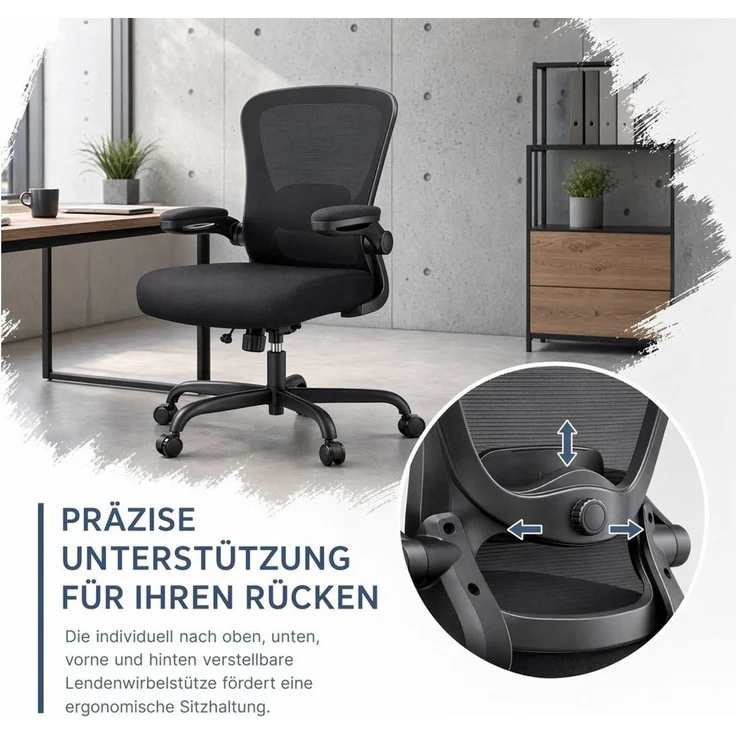 Marsail Bürostuhl Ergonomischer – Schreibtischstuhl Mesh mit 3D-verstellbaren Armlehnen (4-fach verstellbarer Lendenwirbelstütze, Mesh-Rückenlehne), Höhenverstellung, Wippfunktion, Drehstuhl bis 136 kg – Bild 4