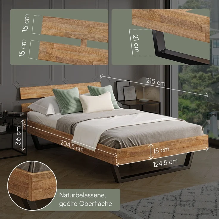 skølm 'Alver' Bett 120x200 cm, Bettgestell, natur geölt, Massivholzbett aus Eiche mit Metallkufen, Doppelbett mit Streben Bettkopf – Bild 6