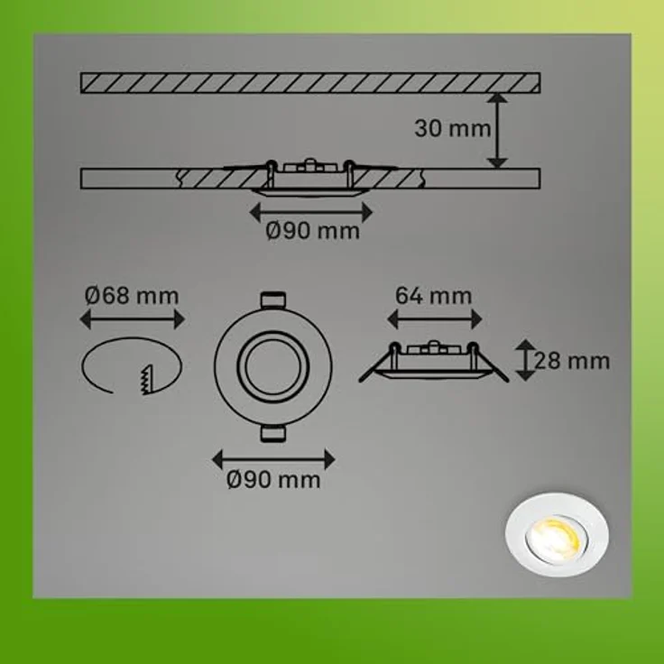 BRILONER - 3er Set LED Einbaustrahler 230V Gehäuse 50% recycelt, Dimmbar, Schwenkbar, Ra90, Farbtemperaturwechsel, LED Spot, flach, Deckenspots, Einbauleuchten, 68mm, 90x24mm (DxH), Weiß – Bild 8