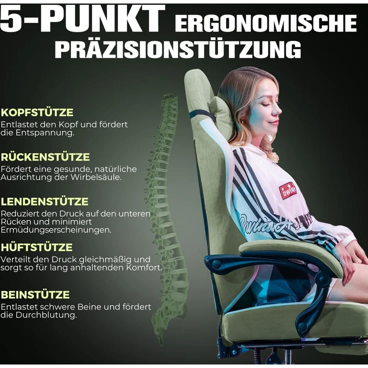 GTPLAYER Gaming Stuhl Ergonomischer, PC Stuhl Atmungsaktiver Stoff, Groß und Hoch Drehbarer Schreibtischstuhl mit Fußstütze,Verstellbare Lendenwirbelstütze und Kopfstütze,Grün – Bild 5