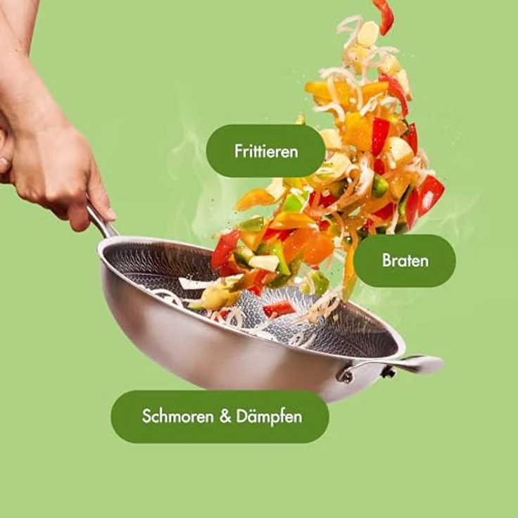 Reishunger Premium Wok aus Edelstahl | 32 cm Durchmesser | Mit Glasdeckel | Für alle Herdarten, Induktionsgeeignet | Wabenstruktur mit Antihaftbeschichtung | Spülmaschinengeeignet, Ofenfest – Bild 3