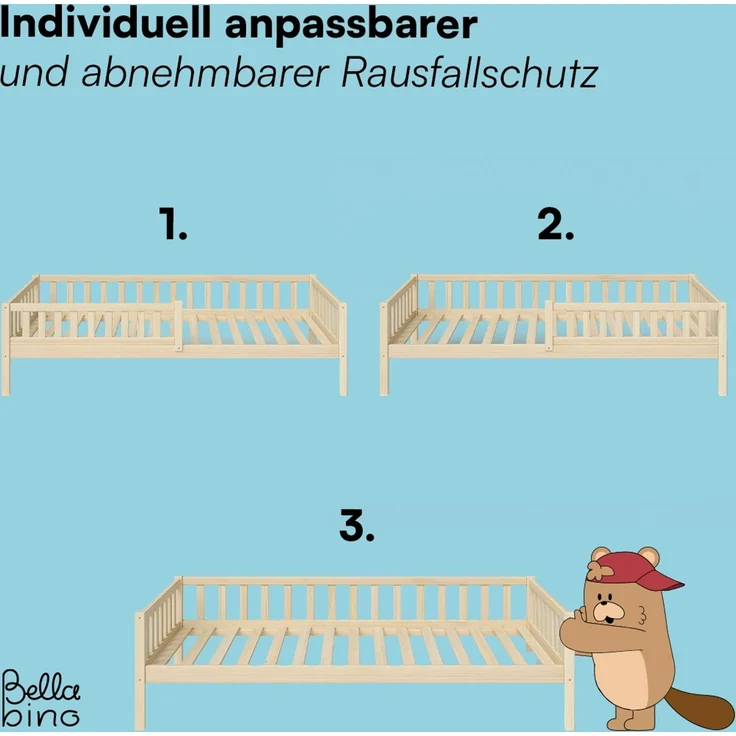 Bellabino 'Vils' Kinderbett 90x200 cm mit Gästebett 90x190 cm, natur, Kiefer Massivholz, Montessori Bett mit Ausziehbett, mit abnehmbarem Rausfallschutz und Lattenrost – Bild 7