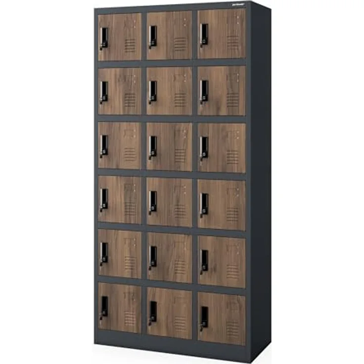 Jan Nowak Umkleideschrank 3B6A Fächerschrank Schließfachschrank mit 18 Fächern Metall Pulverbeschichtung 185 cm x 90 cm x 40 cm (Anthrazit-Holz)