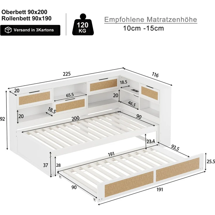 Multifunktionales Massivholz-Schlafsofa mit Ausziehbett 90x200 cm, Stauraum & USB-Anschlüssen, Gäste- & Tagesbett, Weiß – Bild 5