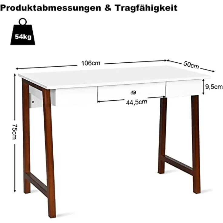 COSTWAY Schreibtisch mit Schublade, Computertisch Kautschuk Tischbeine 106x50x75,5cm, Schminktisch Bürotisch Hochglanz für Büro und Arbeitszimmer (Braun) – Bild 3