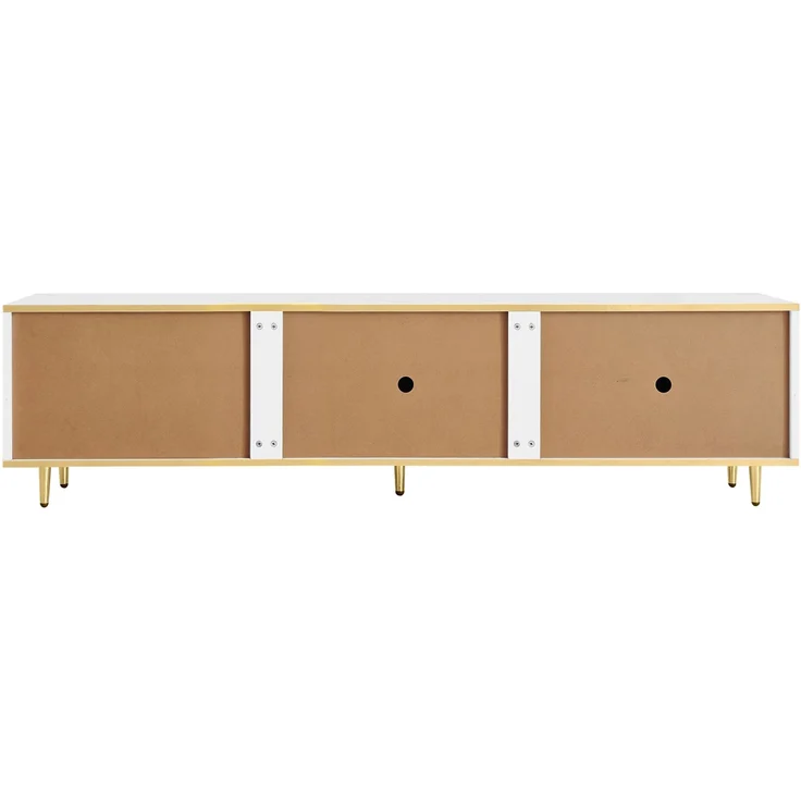 TV-Lowboard, Spanplatte mit Stauraum & goldfarbenen Griffen/Füßen, 175x40x45 cm, Weiß/Gold – Bild 7