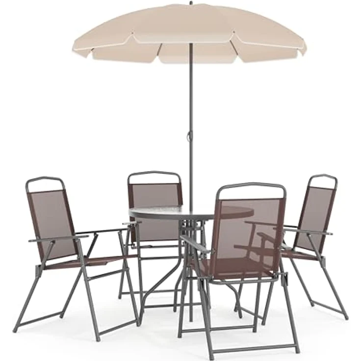 Flash Furniture Nantucket Garten-Set, 6-teilig, Braun, mit Tisch, Sonnenschirm und 4 Klappstühlen – Bild 2