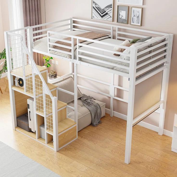Hochbett 90×200 cm aus Metall mit Treppe und Stauraum, weiß – Bild 2