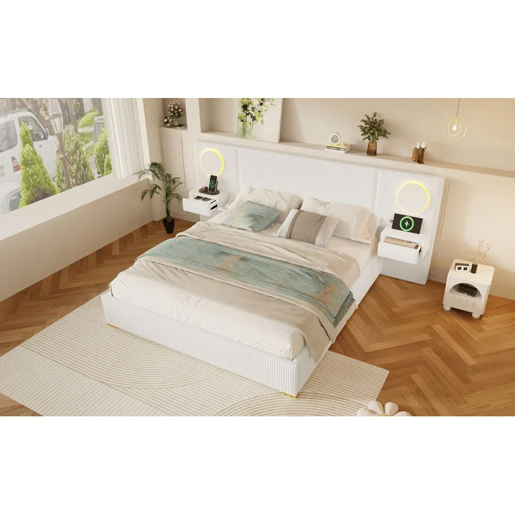 U-life Samtstoff Polsterbett 180x200 cm, fürs Schlafzimmer, USB-Anschlüssen, Samt, Beige – Bild 6