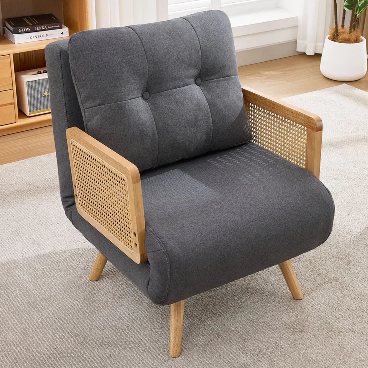 Rayofly-3-in-1 Schlafsessel mit Schlaffunktion, ausklappbarer Relaxsessel & Gästebett, 5-fach verstellbare Rückenlehne, Rattan-Armlehnen, H 86,5cm x T 67,5cm x B 73cm, Grau – Bild 2