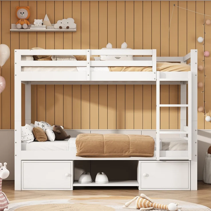 Bett 90x200 cm, teilbar in 2 Einzelbetten mit integriertem Stauraum und Schuhregalen – weißes Etagenbett für Kinder und Jugend – Bild 6