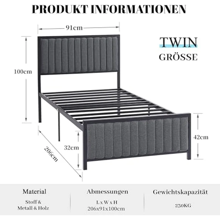 VECELO Bettgestell 90x200 cm, Metallbett Einzelbett mit Gepolstertem Kopf- und Fußteil, Bettrahmen mit Lattenrost, 32cm Höhe unter dem Bett, Kein Boxspring Erforderlich, Grau – Bild 2