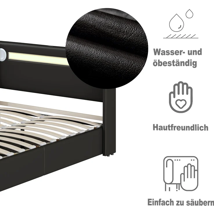 Polsterbett 160x200 Bett mit LED-Lichtleiste, Bluetooth-Player und USB-Aufladung, Stauraumbett aus PU-Leder, Hochbettkasten, Doppelbett mit Lattenrost Schwarz – Bild 10