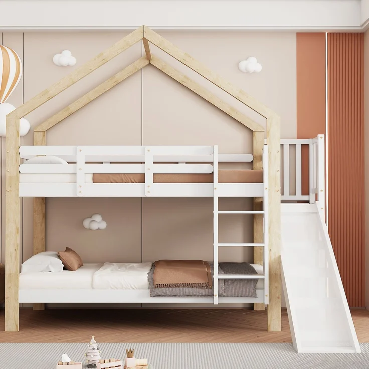 Haus-Etagenbett Kinder 90x200 Rutsche Leiter Kiefer Holz Spielbett,Weiß & Natur – Bild 3