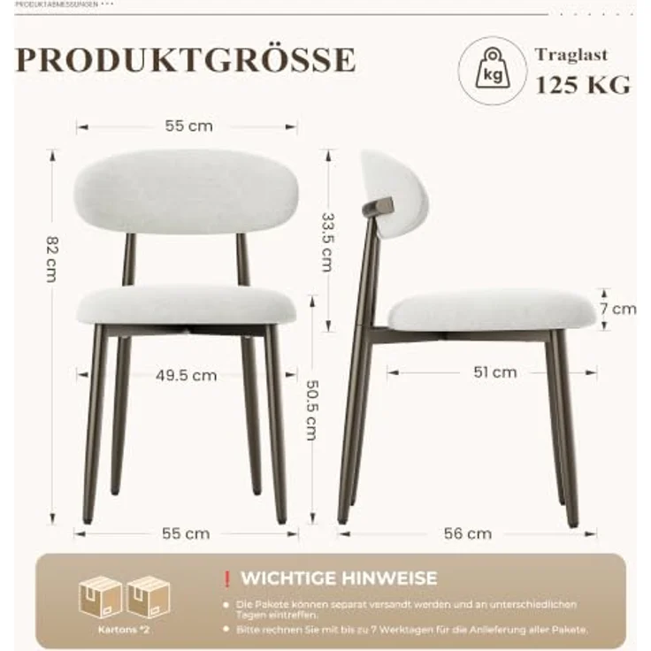 MALOL Esszimmerstühle 4er Set, Gepolsterte Stühle Esszimmer, Küchenstühle, Esstisch Stühle mit geschwungener Rückenlehne & Metallfüßen, moderne Stoffstühle für Küche, Wohnzimmer und Gastronomie, Beige – Bild 2