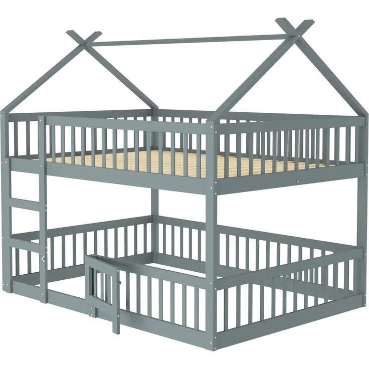 Etagenbett 140x200 cm mit Treppe und Tür – Massivholz Hoch-/Familienbett, Grau – Bild 6