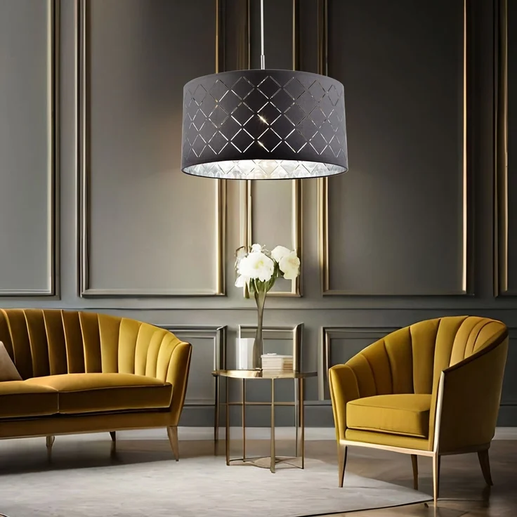 Hängeleuchte, rund, grau, Textil, Metall, D 40 cm – Bild 4