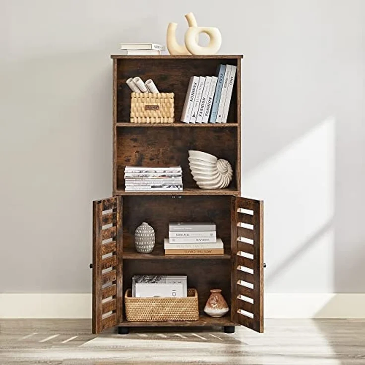 Vasagle Highboard, Bücherschrank mit Lamellentüren, 2 offene Fächer, Holz Braun, 60 x 30 x 125 cm – Bild 4