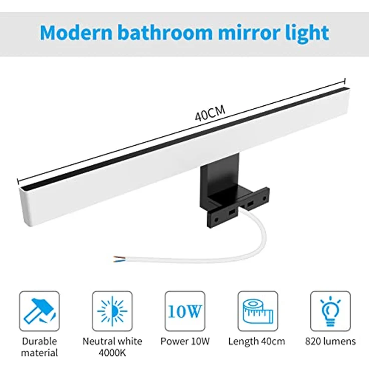 Aourow LED Spiegelleuchte Bad 10W,40cm 820lmn Spiegellampe Badezimmer,Neutralweiß 4000K IP44 Wasserdicht Badlampe Spiegel 230V Spiegelschrank Beleuchtung KLASSE II(Schwarz) – Bild 3