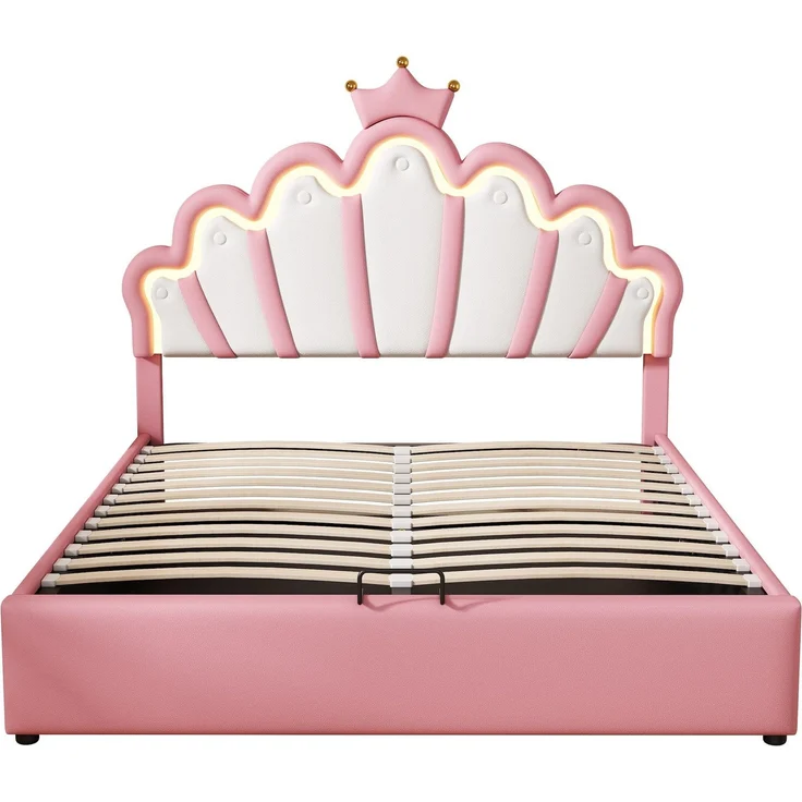 Prinzessinbett mit Lattenrost und LED-Beleuchtung, 140x200 cm, Mädchenbett, Polsterbett für Mädchen, Stauraumbet, Kunstleder – Bild 6
