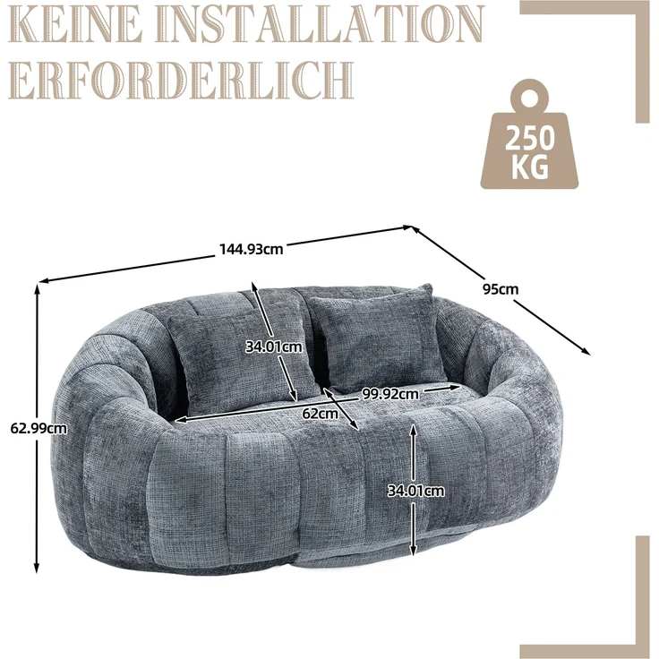 Sitzsack Sofa Lounger Chenille Grau, 150x95x63 cm, bis 150 kg – Bild 10