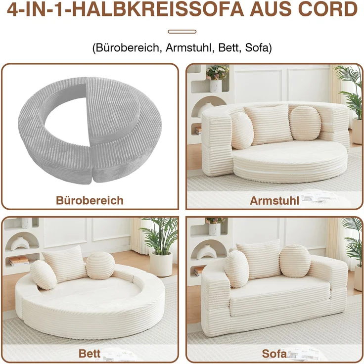 ZUBALIYA SchlafSofa mit USB - Anschluss, mit Schreibtisch, mit Cordbezug, mit Schaumstoffpolsterung, für Wohnzimmer und Apartments – Bild 3