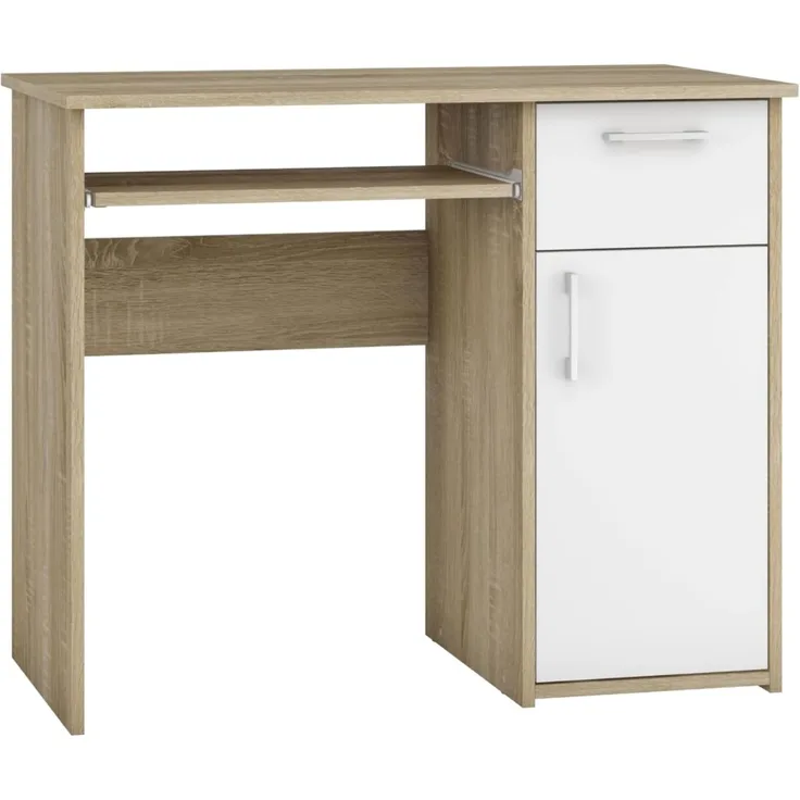 Shefa Schreibtisch MAJA Computertisch mit Tastaturauszug & Schublade Sonoma Eiche Weiß 90x50x75 cm