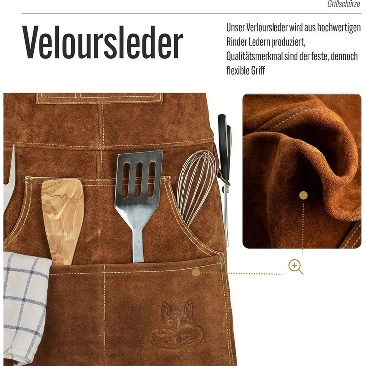 BLACK FOREST FOX Grillschürze ROUGH Büffel Rau Wild Leder Arbeitsschürze, Grillschürze BBQ Kochschür, Hellbraun – Bild 2
