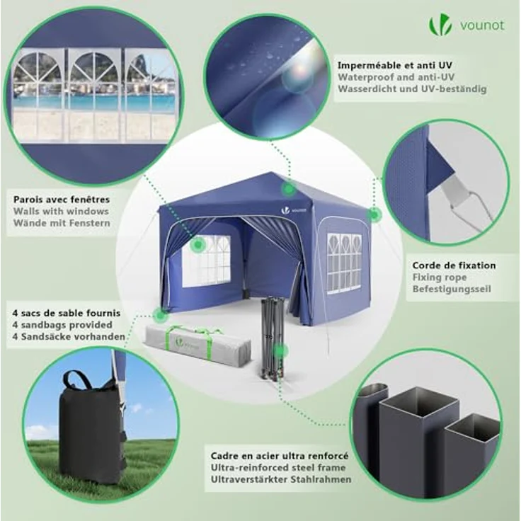 VOUNOT Pavillon 3x3 m mit 4 Seitenteilen & 4 Sandsäcke, Pop Up Faltpavillon, Wasserdicht, Faltbar Gartenzelt Partyzelt, inkl. Tasche, Blau – Bild 6