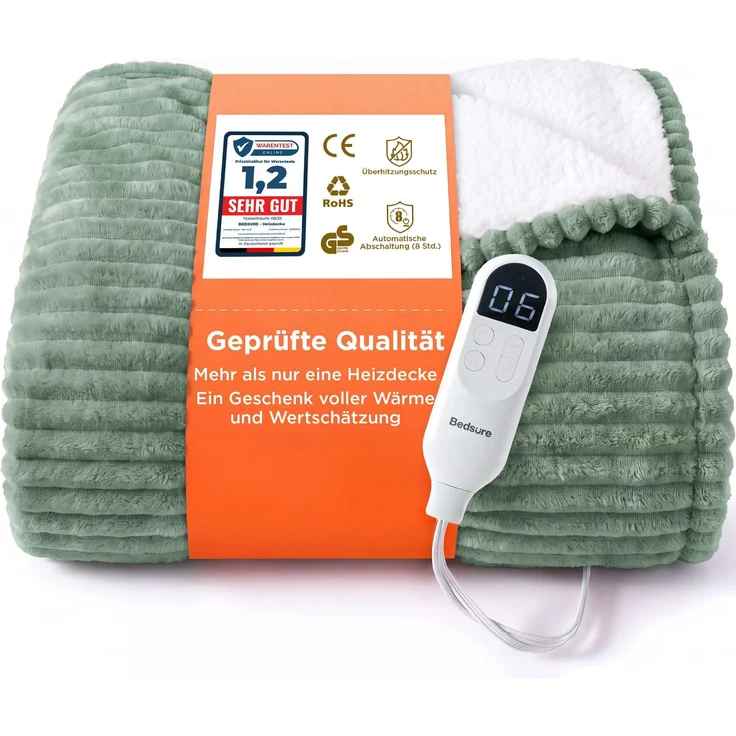 BEDSURE Heizdecke mit Abschaltautomatik Grün, 130x180 cm | Wärmedecke Kuscheldecke, 6 Heizstufen & 10 Stunden Timer, bis zu 8 Stunden Überhitzungsschutz für Home & Office