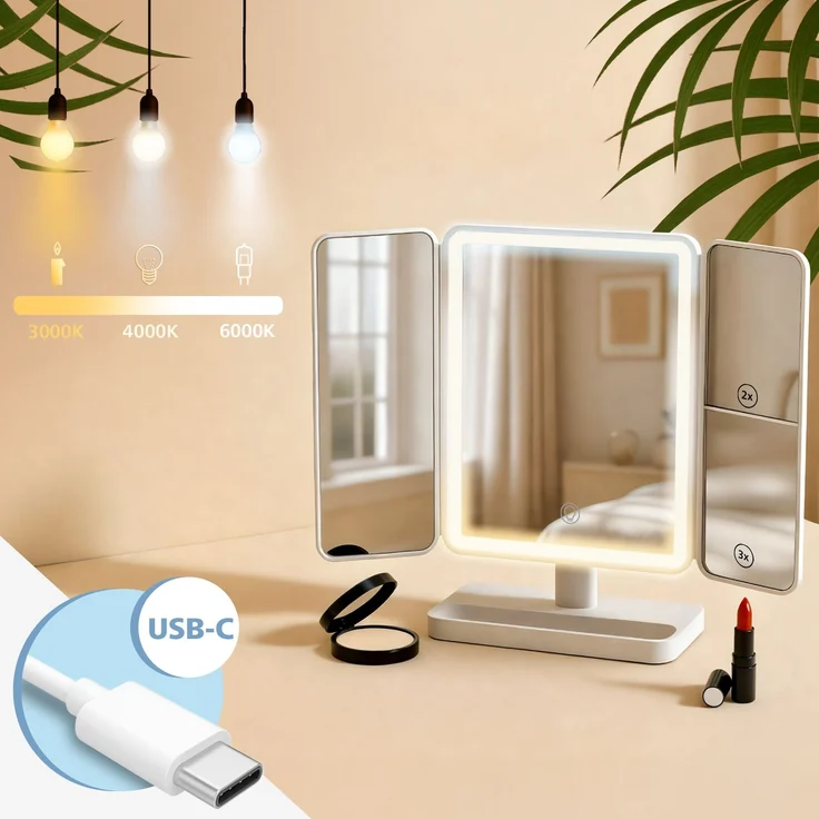 CLP Schminkspiegel Otley LED 3 Lichtfarben dimmbar mit Vergrößerung und USB,weiß – Bild 3