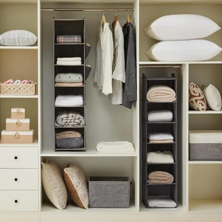 YOUDENOVA Hängeregal Schrankorganizer Stabiler 6 Fächern Kleiderschrank Organizer Ordnungssystem Hängeaufbewahrung mit MDF-Platten und Bambus-Stock verstärkt Grau – Bild 4
