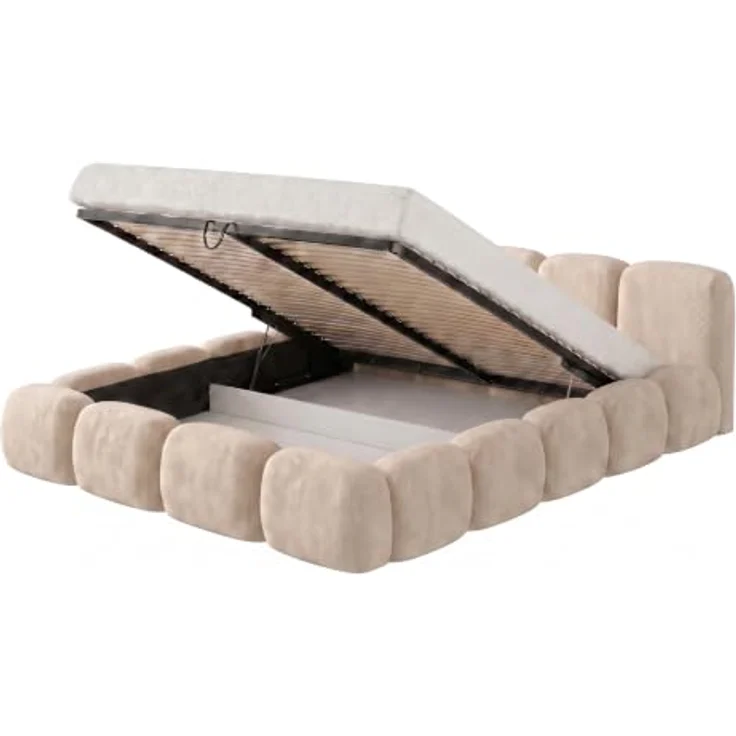 Muffo Polsterbett SUENO, Doppelbett mit Metalllattenrost und Bettkasten, Chenille-Stoff in Creme, 140x200 / 160x200 / 180x200 / 200x200 cm – Bild 5