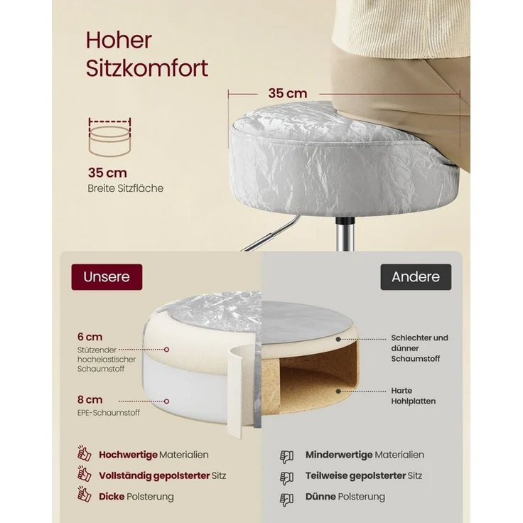 Schminkhocker, Schminkstuhl, Sitzhocker, höhenverstellbar, 360° drehbar, PU, dicke Polsterung, für Schlafzimmer, Küche, Esszimmer – Bild 3