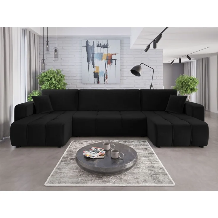 Wohnlandschaft mit Schlaffunktion DAGNY Sofa U-Form in Stoff Kronos Schwarz – Bild 1