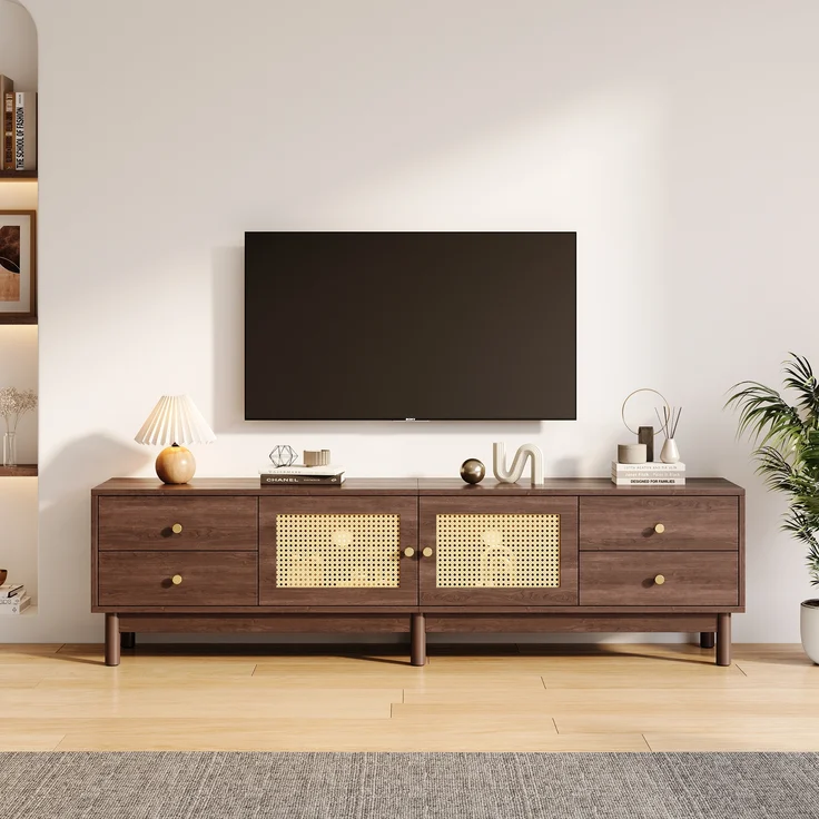 TV-Schrank, mit 2 Rattantüren, 4 Schubladen & Kabelmanagement, 180x35x44 cm, Braun – Bild 1