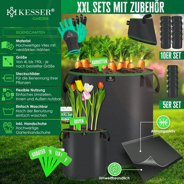 KESSER® Pflanzsack | Pflanzsäcke aus Vlies-Stoff mit Namensschildern | Kartoffel-Pflanztasche mit Fenster & Griffen | Pflanzbeutel für Gemüse Blumen Früchte Schwarz, 27 Liter, 10er Set – Bild 2